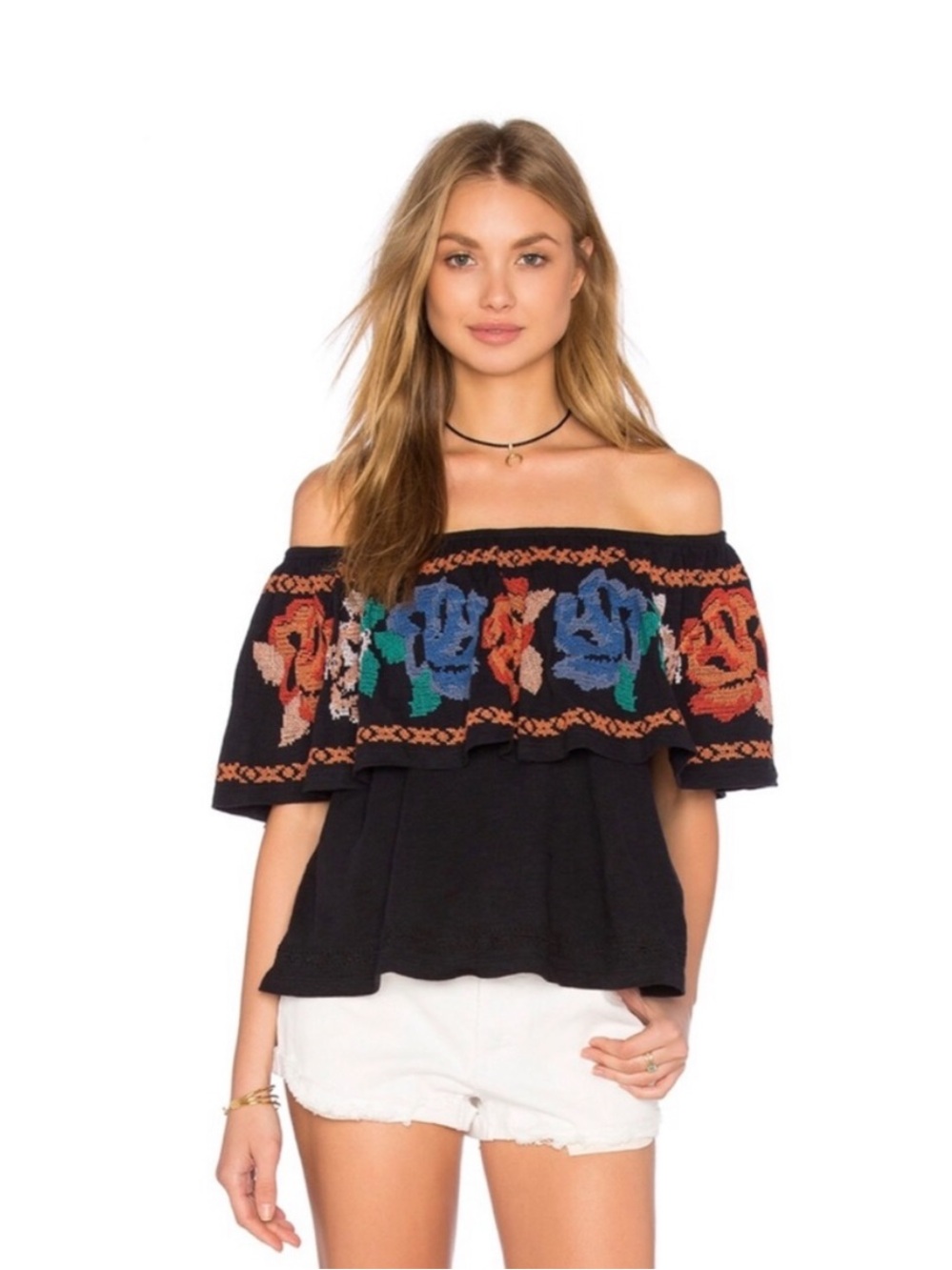 Free People Black Off-Shoulder Floral Embroidered Top